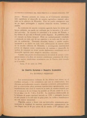 La Guerra Europea y Nuestra Economía