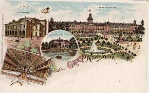 Postkartenalbum. "Gruss aus Karlsruhe". Hoftheater, Schloss, Stadtgartensee und Festhallen-Innenansicht
