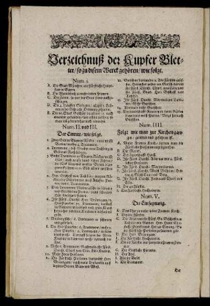 Verzeichnuß der Kupfer Bletter, so zu disem Werck gehören, wie folgt.