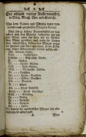 Der allezeit fertige Rechenmeister, in Münz, Maaß, Ellen und Gewicht.