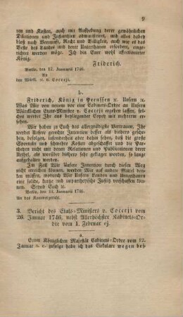 3. Bericht des Etats-Ministers v. Cocceji vom 26. Januar 1746, nebst Allerhöchster Kabinets-Ordre vom 1. Februar ej.