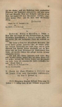 3. Bericht des Etats-Ministers v. Cocceji vom 26. Januar 1746, nebst Allerhöchster Kabinets-Ordre vom 1. Februar ej.