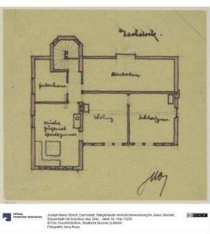 Darmstadt, Stallgebäude mit Kutscherwohnung für Julius Glückert, Skizzenblatt mit Grundriss des Obergeschosses