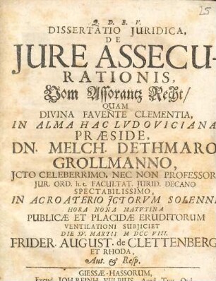 Dissertatio juridica de jure assecurationis : = Vom Assorantz Recht