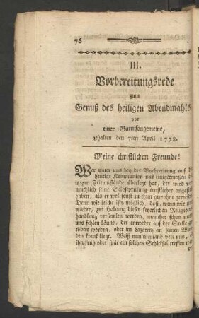 III. Vorbereitungsrede zum Genuß des heiligen Abendmahls vor einer Garnisongemeine, gehalten den 7ten April 1778
