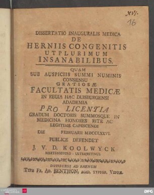 Dissertatio Inauguralis Medica De Herniis Congenitis Utplurimum Insanabilibus