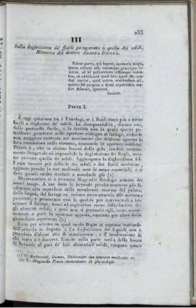 III. Sulla deglutizione de' fluidi paragonata a quella dei solidi, Memoria del dottore Andrea Bivona.