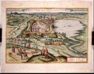 Pápa in Ungarn, Ansicht mit Hinrichtungsszene (Tafel 35 aus Braun/Hogenberg, Civitates VI)
