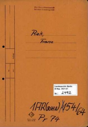 Personenheft Franz Riek (*01.10.1896), Polizeiinspektor