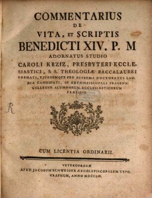 Commentarius de vita Benedicti XIV.