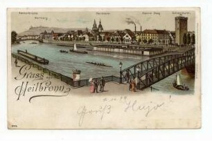 "Gruß aus Heilbronn" - Gesamtansicht: Götzenturm, Eiserner Steg, Badeanstalt Georg Linsenmeyer, Neckarfront, Neckarbrücke, Wartberg
