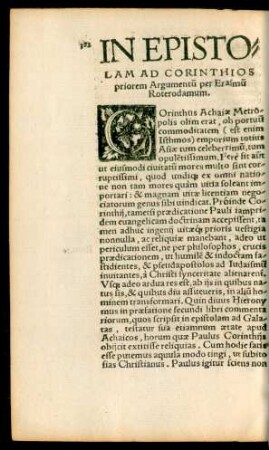 In Epistolam Ad Corinthios priorem Argumentum per Erasmum Roterodamum.