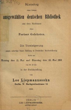 Leo Liepmannssohn, Antiquariat. [1.] 1883, 21. - 22. Mai