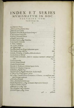 Index et Series numismatum in hoc volumine contentorum.
