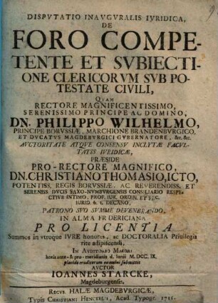 Dispvtatio Inavgvralis Ivridica, De Foro Competente Et Svbiectione Clericorvm Svb Potestate Civili