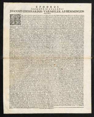 Ephorus Illustris Collegii Joannes Eberhardus Varnbyler Ab Hemmingen, Lectori Salutem