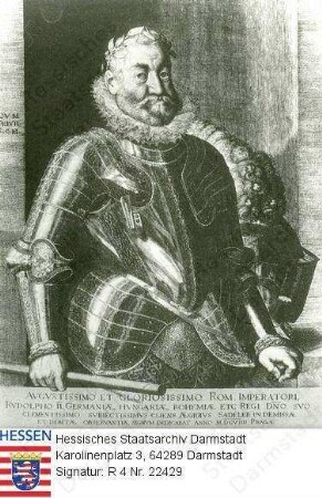 Rudolf II. Kaiser Römisch-Deutsches Reich (1552-1612) / Porträt in Rüstung, stehend, Kniestück, mit lateinischer Sockelinschrift