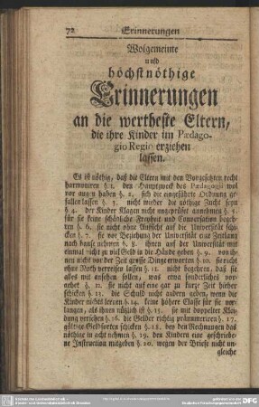 Wolgemeinte und höchstnöthige Erinnerungen an die wertheste Eltern, die ihre Kinder im Paedagogio Regio erziehen lassen