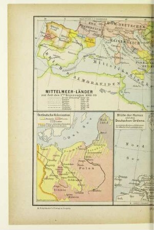 Karte 1: Mittelmeer-Länder zur Zeit des 1. Kreuzzuges 1096-99. Karte 2: Ostdeutsche Kolonisation. Karte 3: Blüte der Hansa und des Deutschen Ordens