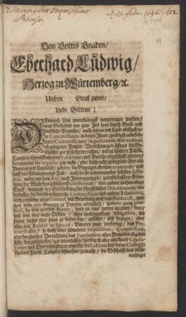 Von Gottes Gnaden/ Eberhard Ludwig/ Herzog zu Würtemberg/ etc.