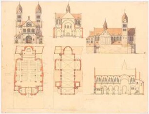 Dekanatskirche, Clerf (Clervaux): Turmansicht, Längsansicht, Quer- und Längsschnitt und Grundrisse 1:200