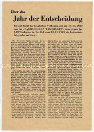 Flugblatt zur Abonnentenwerbung für das Sächsische Tageblatt, mit Leitartikel zur Stimmabgabe für die LDP bei den Volkskammerwahlen