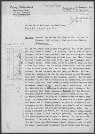 Eibensbach: Visitationsbericht mit Pfarrbericht 1961
