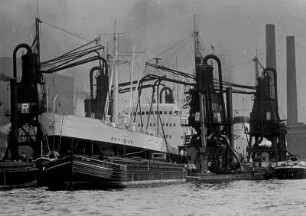 Hamburg. Hafen. Getreide wird mit einem pneumatischen Elevator aus dem Frachtschiff "Bertioga" in Schuten entladen.