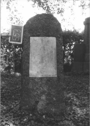 Grabstein 553 (Index: 100111510) Material: Kalkstein, weiße Marmorplatte Zustand: gut; Schriftplatte ohne Inschrift Maße HxBxT: 147x59x26 cm Beschreibung: Stele, Segmentbogenabschluß, konische Schriftplatte: Grabstein 553