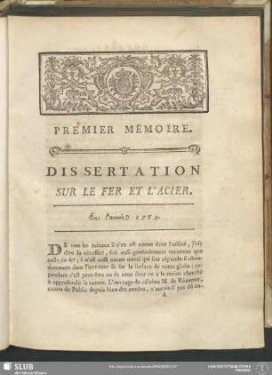 Premier Mémoire. Dissertation Sur Le Fer Et L'Acier. En l'année 1769