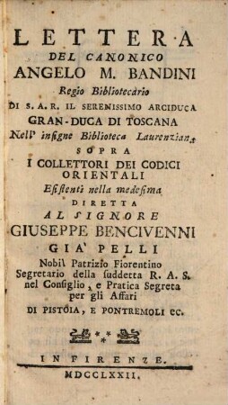 Lettera sopra i collettori dei codici orientali esistenti nella [biblioteca Laurenziana]