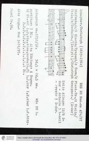 Sinfonia / a / 2 Clarin / Tympani / 2 Corn / 2 Flaut. Tr. / 2 Violin / Viola / e / Cembalo. / [Incipit] / Christoph Graupner.