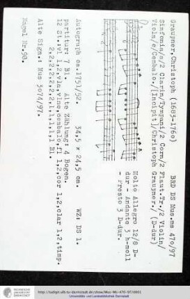 Sinfonia / a / 2 Clarin / Tympani / 2 Corn / 2 Flaut. Tr. / 2 Violin / Viola / e / Cembalo. / [Incipit] / Christoph Graupner.