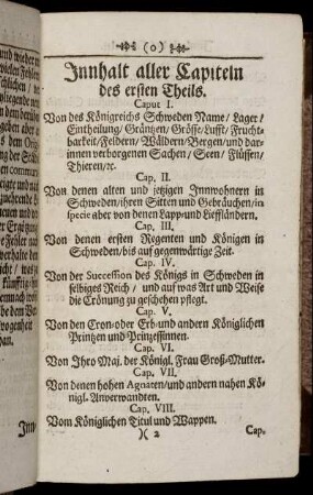 Innhalt aller Capiteln des ersten Theils.