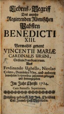 Lebens-Begriff des ... Röm. Pabsten Benedicti XIII.