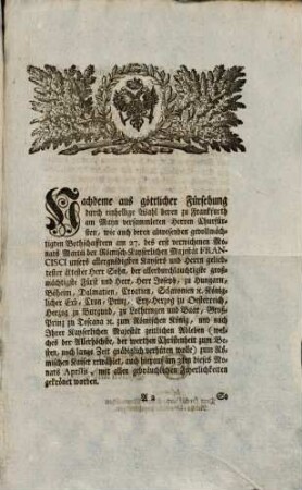 Kayserlich-Allergnädigstes Commissions-Notifications-Decret, An Eine Hochlöblich-allgemeine Reichs-Versammlung zu Regenspurg, Die auf ... Josephum ... ausgefallene Römische Königs-Wahl betreffend : Dictatum Ratisbonae die 9. April 1764. per Moguntinum