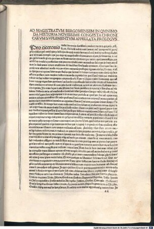 Supplementum chronicarum : fortgeführt bis 1485. Mit Widmungsvorrede des Autors an den Magistrat von Bergamo. Mit Gedicht auf das Werk von Dominicus Barillus