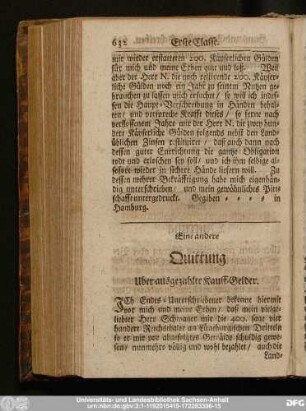 Eine andere Quittung Uber ausgezahlte Kauff-Gelder.