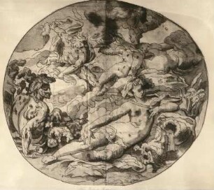 Mythologische Szene mit weiblichem Akt vor Landschaft : Mythologische Szene mit weiblichem Akt vor Landschaft. Zeichnung, laviert (1596; H. Goltzius)