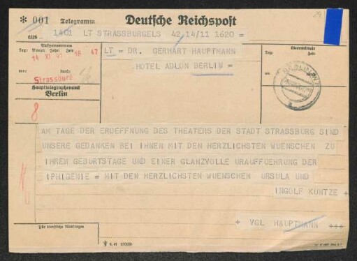 Brief von Ingolf Kuntze und Ursula Kuntze an Gerhart Hauptmann