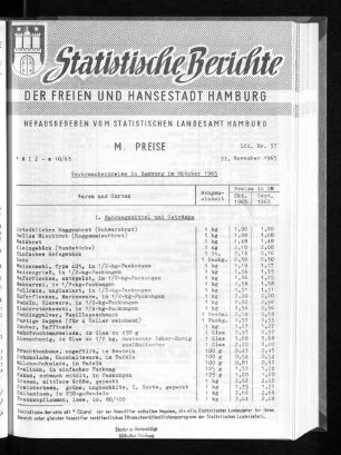 Verbraucherpreise in Hamburg im Oktober 1965 : Lfd. Nr. 37