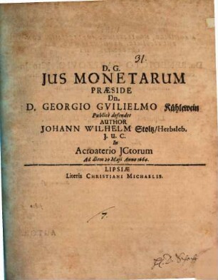 De iure monetarum, disp.
