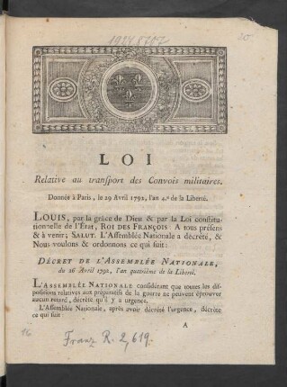 Loi Relative au transport des Convois militaires : Donnée à Paris, le 29 Avril 1792, l'an 4.e de la Liberté