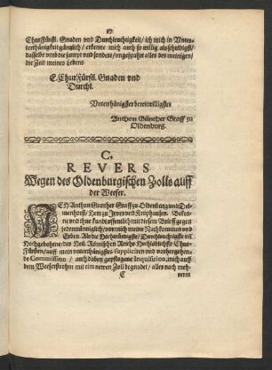C. Revers Wegen des Oldenburgischen Zolls auff der Weeser.