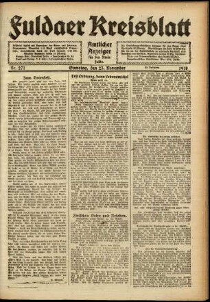 Ausgabe vom Samstag, den 23. November 1918.