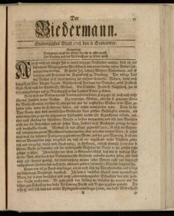 Siebenzigstes Blatt 1728 den 6 September