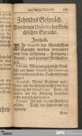 Zehendes Gespräch. Von denen Dialectis der Griechischen Sprache.