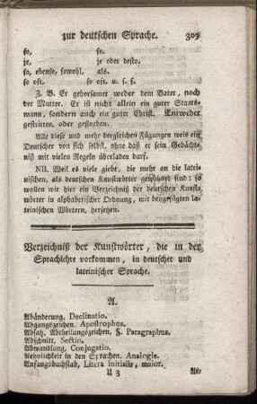 Verzeichniß der Kunstwörter, die in der Sprachlehre vorkommen, in deutscher und lateinischer Sprache.
