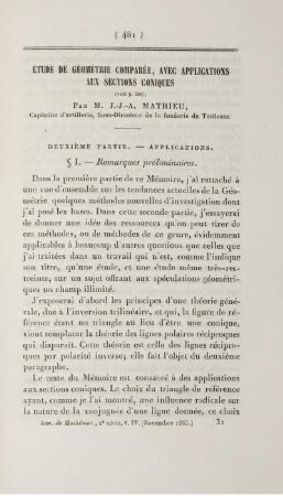 Étude de géométrie comparée, avec applications aux sections coniques.