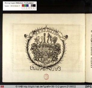 Wappen in Pflanzenkranz mit Spruchband.